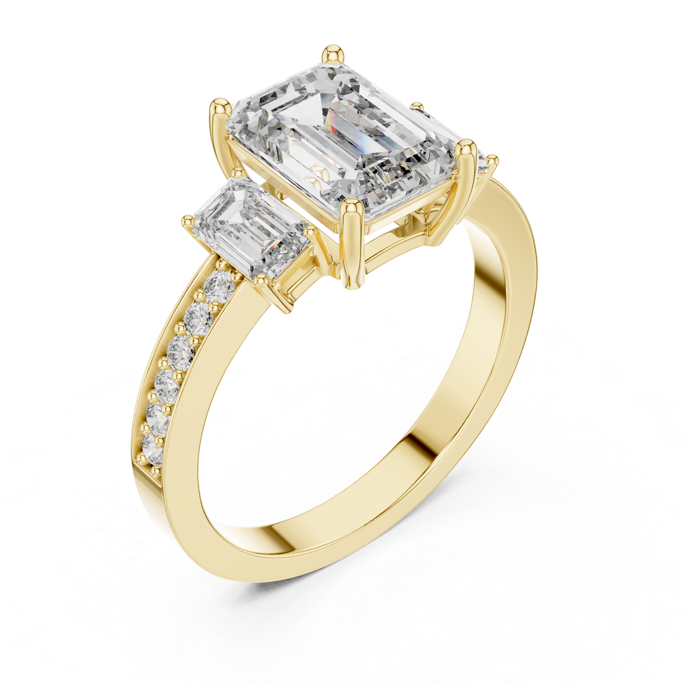 Gold ring with two emerald-cut diamonds on a white background
